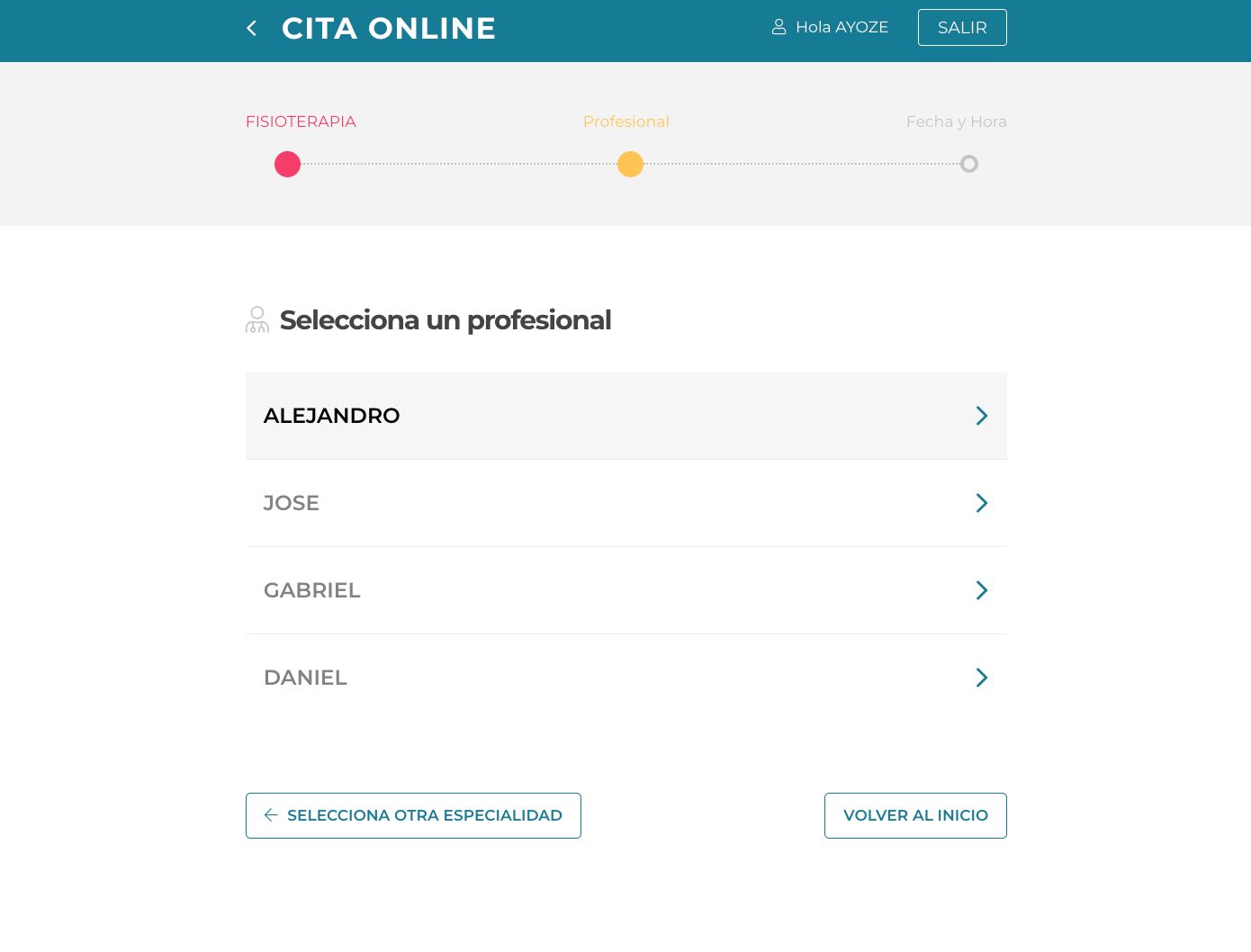 Paso 2 del proceso de reserva online