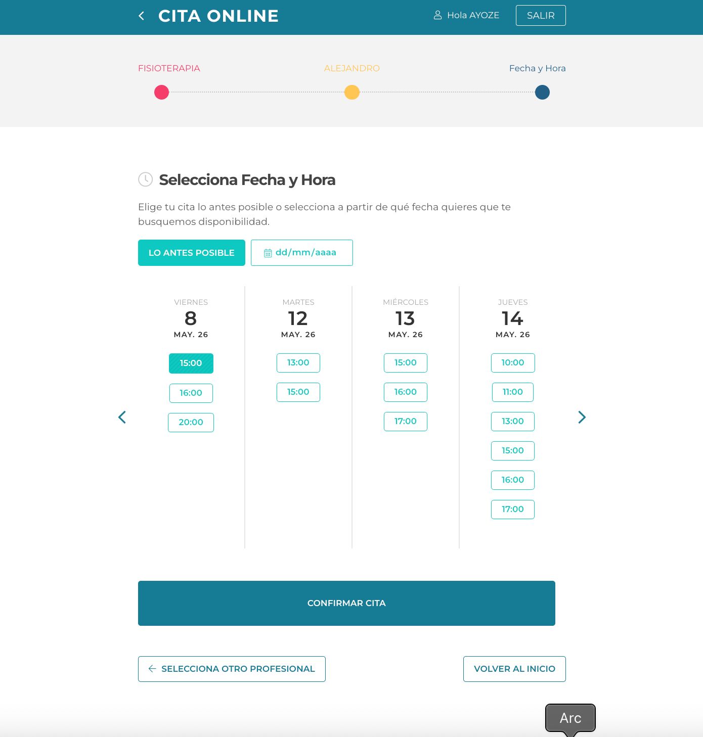 Paso 3 del proceso de reserva online